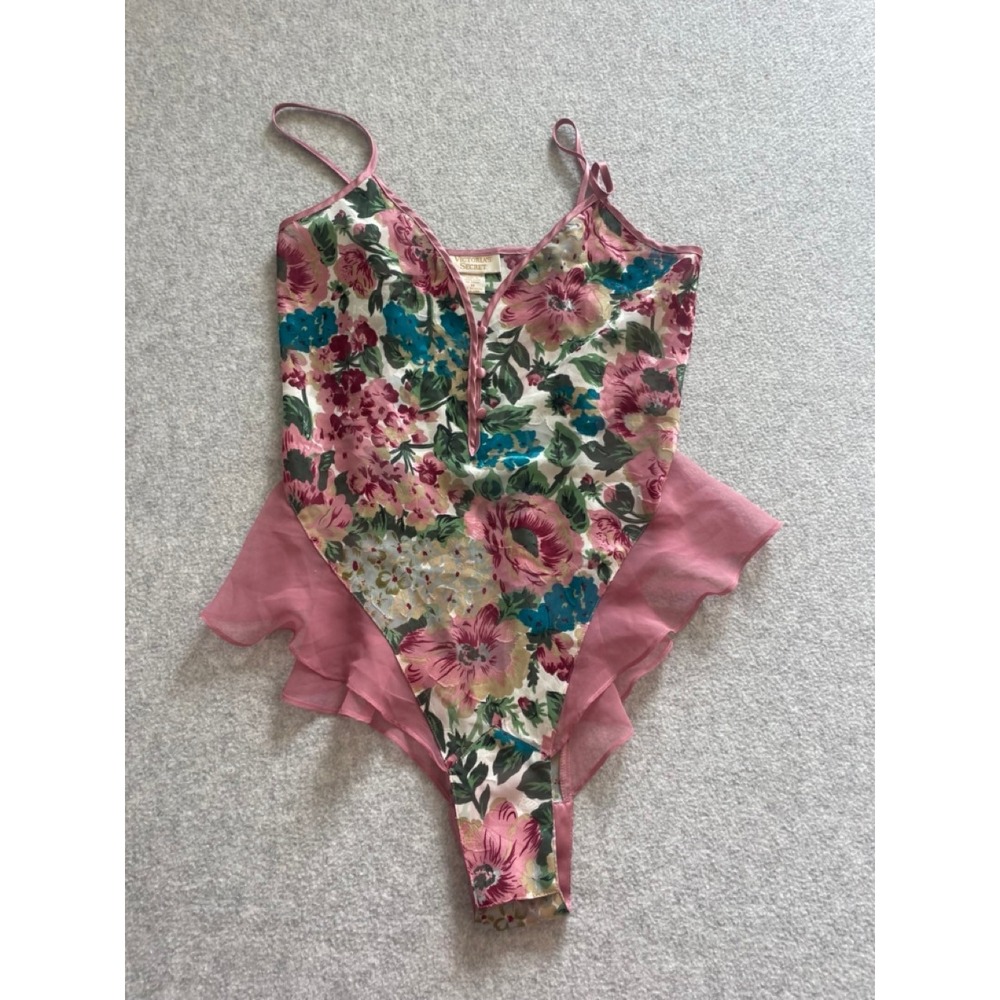 Vintage Victorias Secret Gold Label Floral Teddy Bodysuit Pink Ruffle Medium
